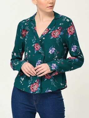 Bershka Women’s L Multi Teal Green & Red Floral Wrap Style LS Top Blouse in EUC